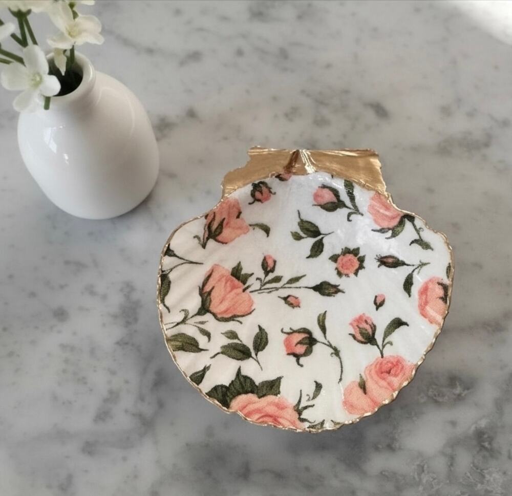 Pink Rose Trinket Dish, Floral Scallop Shell Ring Dish, Cottagecore Gift